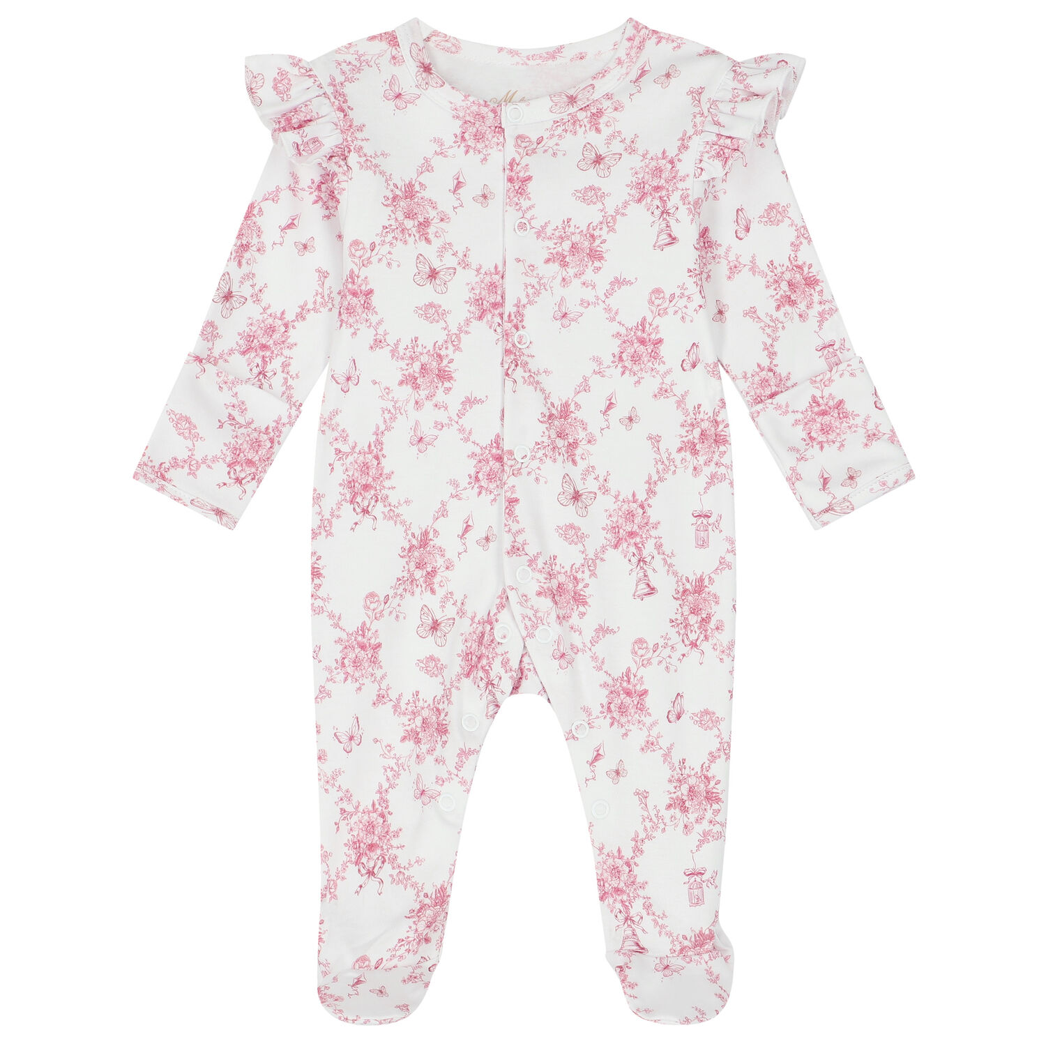 Baby Girls White & Pink Floral & Butterflies Babygrow, 1, hi-res